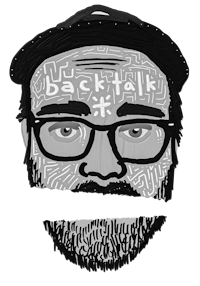 a black and white drawing of a bearded man with glasses and a beard