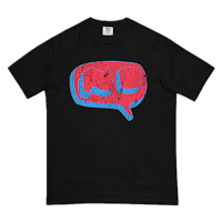 a black t - shirt with a blue and red speech bubble